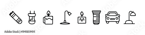 Assortment of lighting icons including flashlights, table lamps, candles, and car headlights