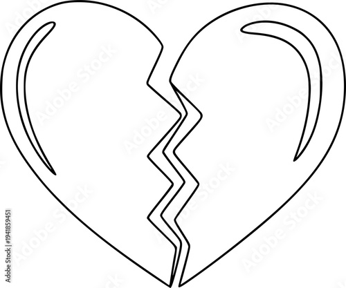 A heart broken in half with a crack in the middle. Drawing in one line art style with editable black stroke. Vector illustration.
