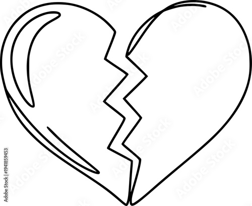 A heart broken in half with a crack in the middle. Drawing in one line art style with editable black stroke. Vector illustration.
