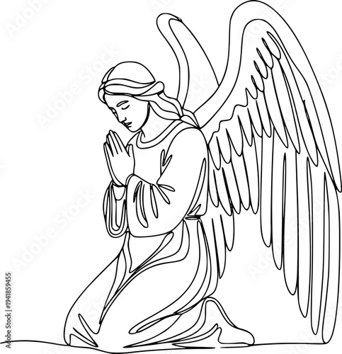An angel with large wings kneeling in a prayer pose, symbolizing faith, humility, spirituality, and protection. Drawing in one line art style with editable black .
