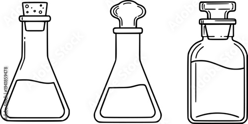 Three different laboratory flasks or bottles with stoppers in one line art style. Drawing with editable black stroke on a white background.
