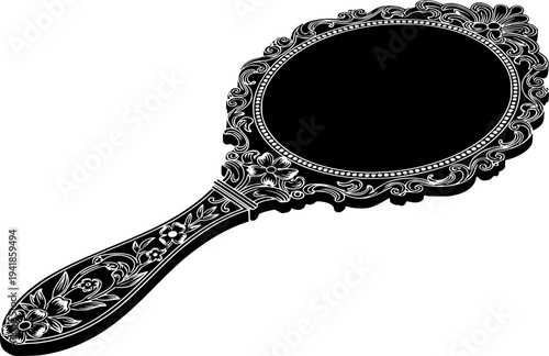 Ornate handheld mirror silhouette with floral handle and decorative frame isolated on white background

