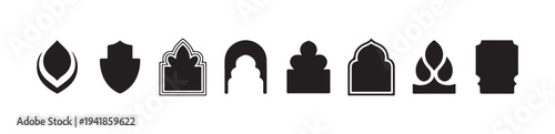 Collection of ten dark solid and outlined shields teardrops arches and decorative shapes