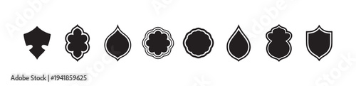 Set of ten black filled and outlined badges shields teardrops and floral decorative frames