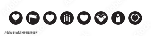 Round icons with heart shapes flag candle and pearl beads in minimalist black and white style set