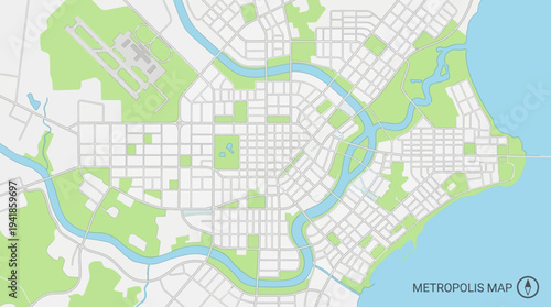 Abstract City Map Vector Illustration, Urban Planning Background with River, Green Parks and Airport, Metropolis Navigation Concept