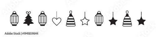 Christmas decorative ornaments lanterns trees hearts stars bells vector