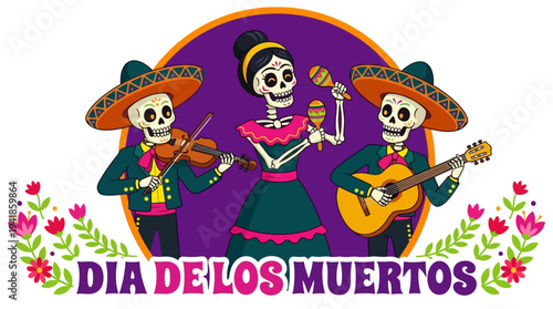 Dia de los Muertos Illustration with Mariachi Skeletons and Musician Calaveras for Mexican Day of the Dead Celebration Banner