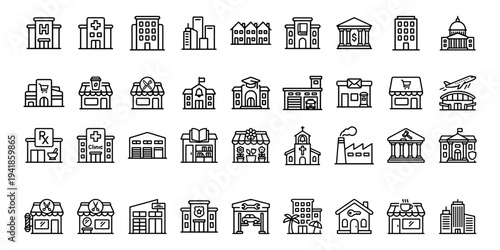 Business and City Buildings Line Icons Set – Hotel, Hospital, School, Bank, Store, Airport Editable Stroke Vector Illustration