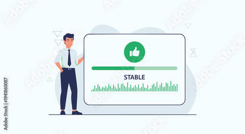 Vector illustration of man standing next to stable performance graph