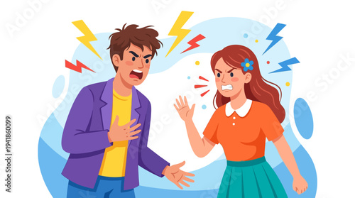Couple Arguing and Shouting at Each Other, Flat Vector Illustration of Man and Woman in Heated Conflict and Relationship Problems