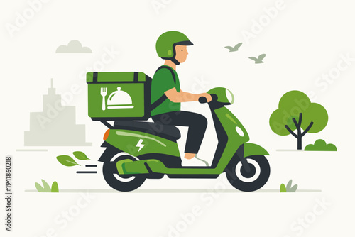 Sustainable food delivery service with a courier on a green electric scooter carrying a meal box. Eco-friendly urban transport and logistics concept for fast restaurant delivery illustration