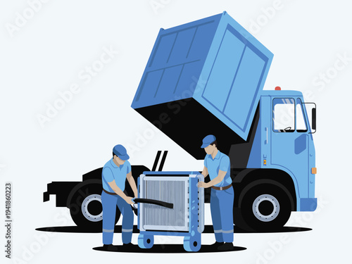 Waste management truck illustration, sanitation workers collecting garbage with recycling truck representing city cleaning service and environmental waste disposal.