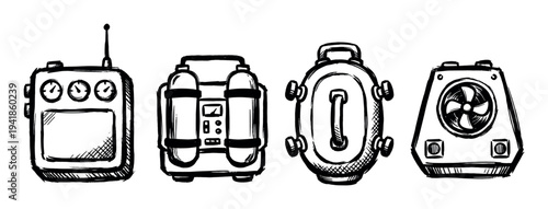 Four black and white doodle illustrations of futuristic technology, including a control panel, power unit, sealed hatch, and cooling fan, drawn in a rough, sketchy ink style