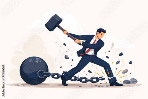 Businessman Breaking Free from Ball and Chain with a Large Hammer, Concept of Overcoming Debt, Breaking Bad Habits, Liberation from Routine, Financial Freedom, and Success in Career and Life.