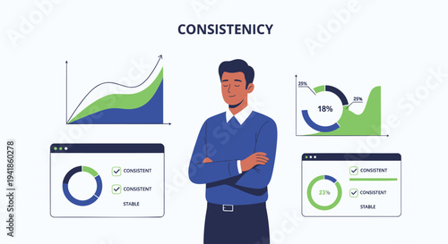 Vector illustration of man with charts and graphs, consistency concept