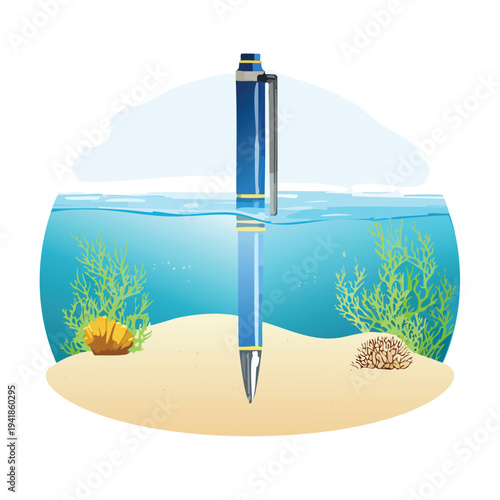 Stylized pen underwater in a glass bowl illustration