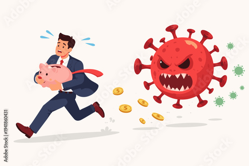 Scared Businessman Running Away from Angry Red Coronavirus Monster Holding Piggy Bank and Losing Gold Coins, Concept of Global Economic Crisis, Financial Loss, and Pandemic Impact on Savings and