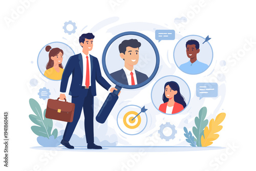Businessman Recruiter Searching for New Employees with a Magnifying Glass, Human Resources Concept for Hiring and Talent Acquisition, Flat Vector Illustration of Professional Selecting Candidates