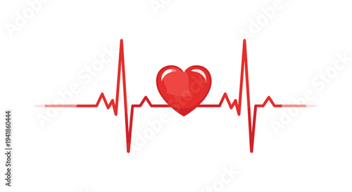 A glossy red heart icon is prominently displayed on a vibrant red electrocardiogram line against a clean white background.