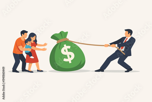 Businessman in a suit pulling a large green money bag with a dollar sign away from a struggling family with a child, representing economic inequality, corporate greed, and financial pressure.