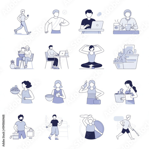 Diverse individuals engaging in various daily activities and hobbies