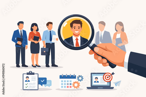 Corporate recruitment process vector illustration with a hand holding a magnifying glass to select the best candidate from a group of job seekers, featuring HR icons like resume, calendar, and laptop.