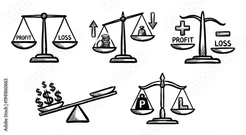 Hand drawn sketch icon set of scales illustrating the business concept of balancing profit and loss with money and weights in a simple doodle style for financial presentations