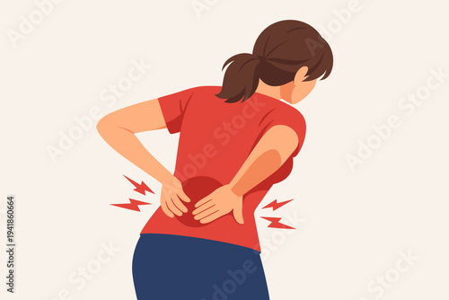Woman suffering from acute lower back pain, holding her waist with both hands, red circles and lightning bolt symbols indicating inflammation, sciatica, spinal injury, or muscle strain.