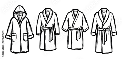 Four different hand-drawn bathrobe illustrations in a black and white sketch style, showing a collection of cozy loungewear including a hooded robe and classic belted gowns