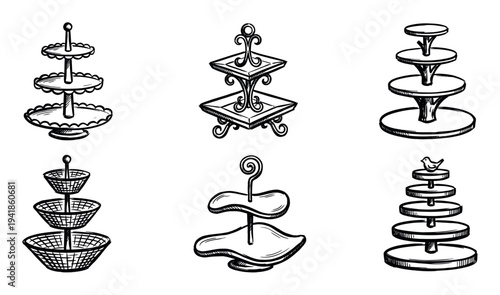 Six different hand-drawn tiered dessert stands illustrated in a black and white sketch style, showcasing a variety of ornamental, simple, and woven designs