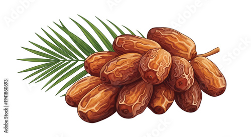 A cluster of ripe dates with green palm fronds a detailed illustration