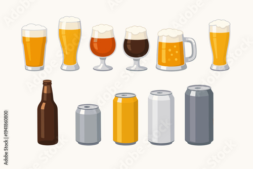 Flat Vector Illustration Set of Various Beer Glassware, Brown Glass Bottle, and Aluminum Cans; Includes Pint, Pilsner, Mug, Snifter, and Tulip Glasses with Foam for Brewery and Pub Menu Design.