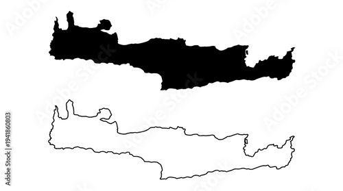 Map of Crete Island, Greece: Solid Black Silhouette and Outline Vector Illustration on White Background