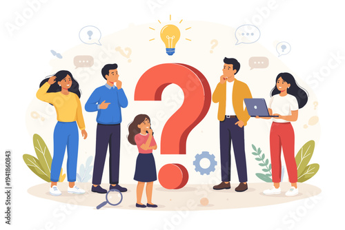 Diverse group of people standing around a large red question mark looking for answers and solutions. Business team brainstorming with lightbulb idea, magnifying glass, and laptop. Flat vector