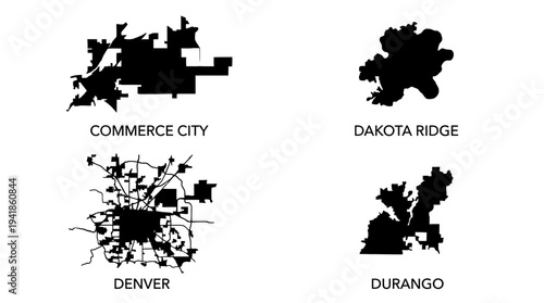 Black Silhouettes of Colorado City Maps: Commerce City, Dakota Ridge, Denver, and Durango. Minimalist Urban Geography Outlines on White Background.