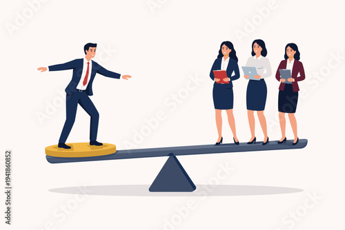 Gender Inequality Concept with Businessman Standing on Gold Coin Balancing Three Businesswomen on a Seesaw Scale. Symbol of Sexism, Wage Gap, and Corporate Imbalance in the Modern Workplace.