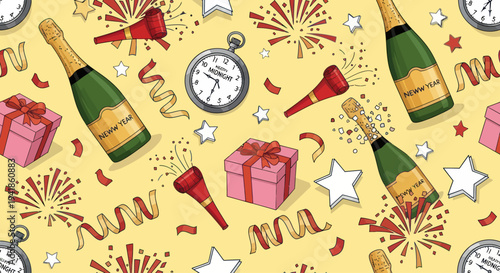 Champagne Bottles Party Hats Gifts Celebration.