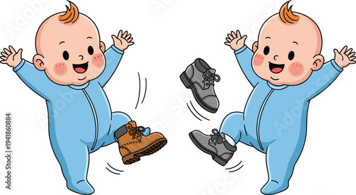 Cute baby learning to walk cartoon characters kicking shoes, happy toddler first steps vector illustration for childhood development concept