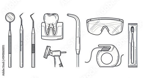 Dental Tools and Equipment Line Art Illustration.