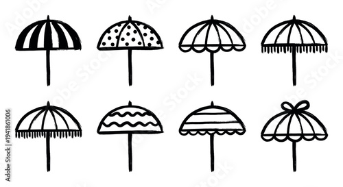 Collection of eight hand-drawn umbrellas in a simple black ink brush doodle style, featuring various cute patterns like stripes, polka dots, and waves