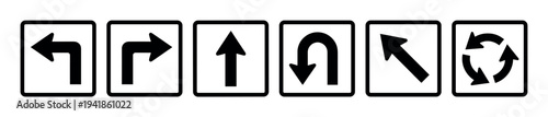 Set of six black directional arrow icons showing various traffic signs for navigation, including left turn, right turn, straight ahead, u-turn, diagonal, and roundabout symbols