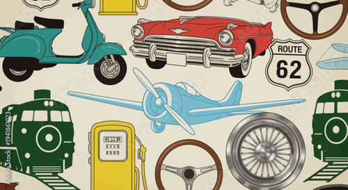 Vintage Vehicles and Automotive Parts Illustration.