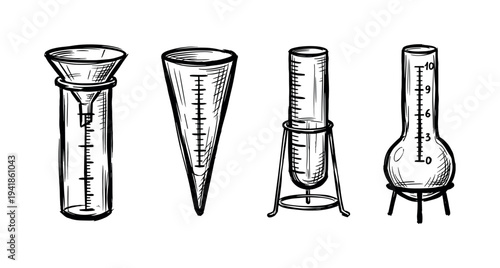 Hand-drawn laboratory glassware set with various flasks, test tubes, and measuring cylinders for scientific experiments, rendered in a black and white ink sketch illustration style