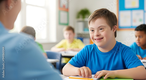 Student with Down Syndrome Listening to Teacher in Class