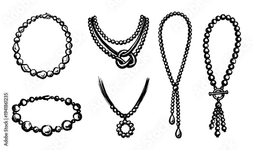 Collection of hand-drawn black ink jewelry featuring various necklaces and a bracelet in a rough sketch style, showcasing different beaded and pearl designs
