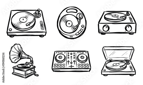 Collection of hand-drawn turntables, a gramophone, and a DJ mixer in a black and white sketch style, illustrating the evolution of vinyl record players and audio equipment