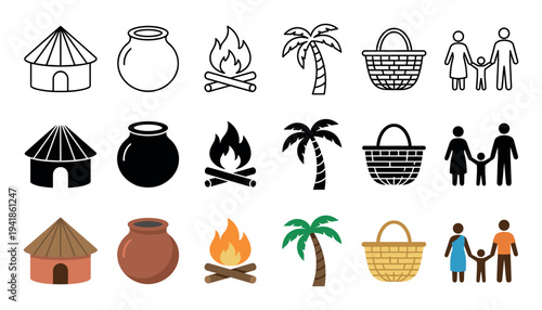 Collection of tribal village life icons in three different styles showing a hut, pot, campfire, palm tree, basket, and family pictogram for graphic design elements