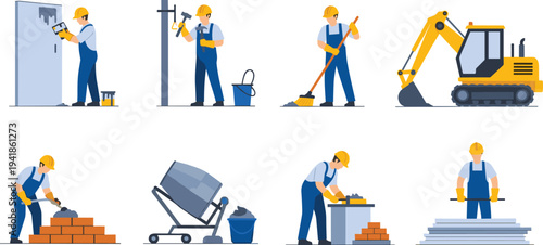 Construction workers and equipment set with builders painting drilling bricklaying cement mixing and excavator machine, flat vector illustration collection