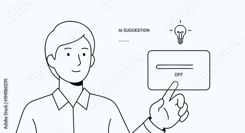 Vector illustration of man turning on AI suggestion